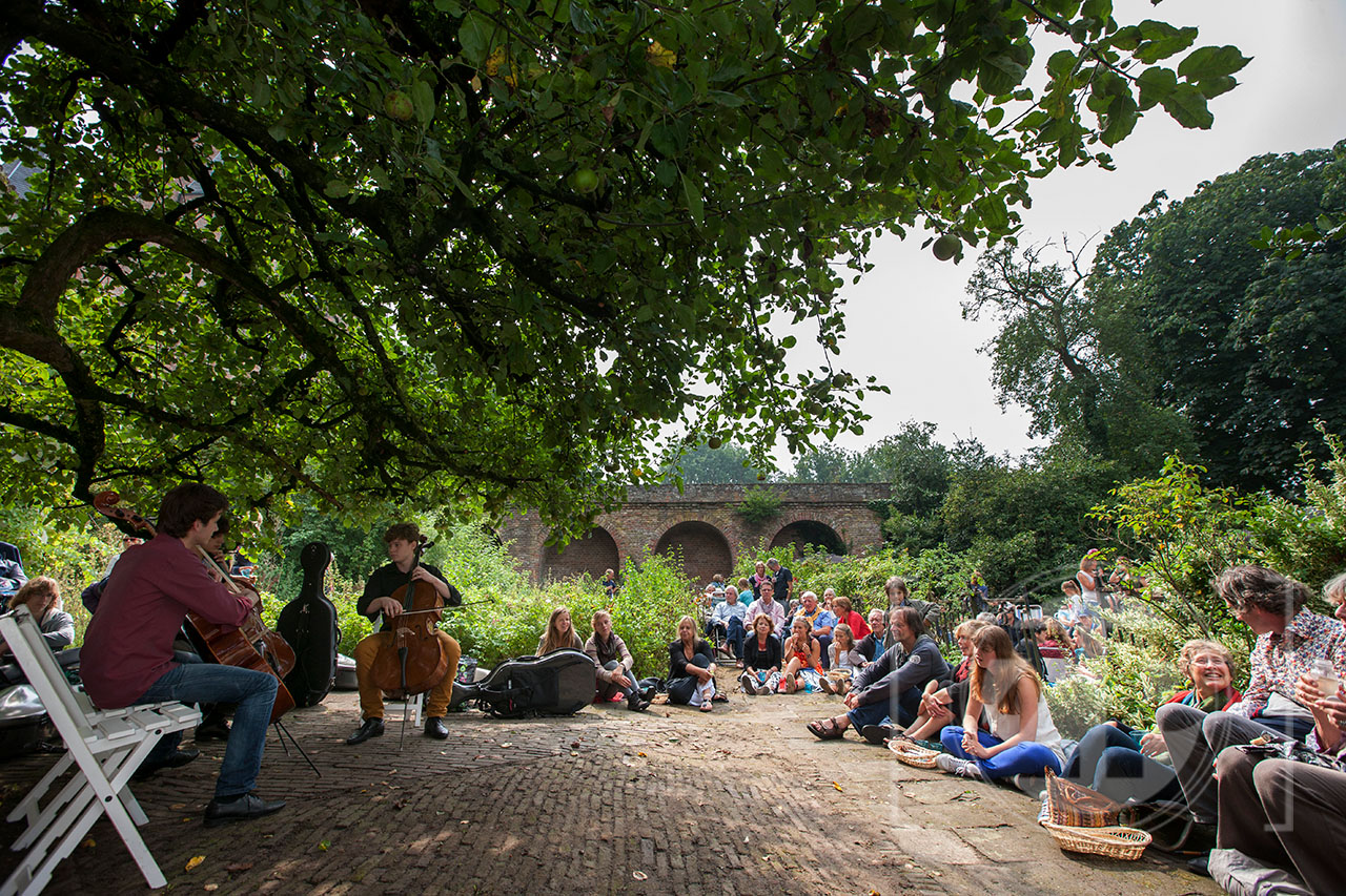Cello festival Zutphen, picknick concert in de tuin van Het Bolwerck.